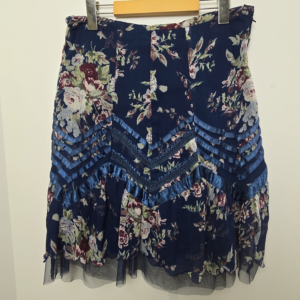 le chateau Navy Floral Mini Skirt with Blue Ribbon Trim